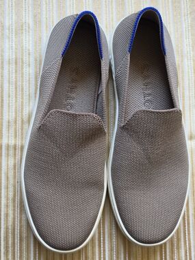 Rothy's Women's Slip-On Knit Sneakers in Taupe with Blue Trim
